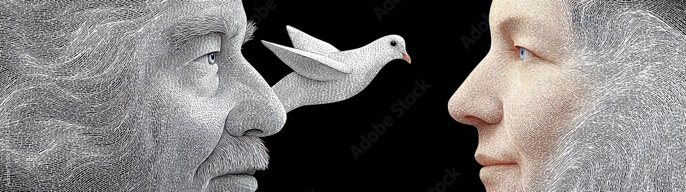 Aufkleber line drawing of compassion and connection between two faces with flying dove symbolizing empathy