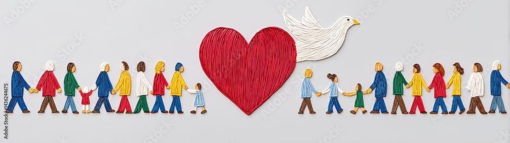 Aufkleber creative line drawing of diverse people with heart and dove symbolizing empathy and unity in a color