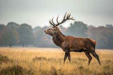 Fototapeta premium Majestic Stag Standing in Golden Grassy Field with Soft Light and Blurred Trees Wildlife Photography Timeless Nature Scene
