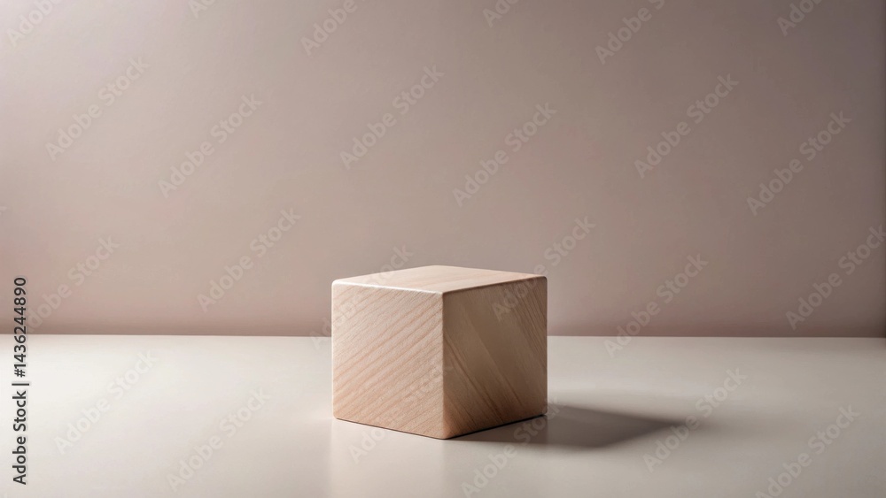 Poster a simple wooden cube on a neutral surface, perfect for minimalist product displays or abstract compo