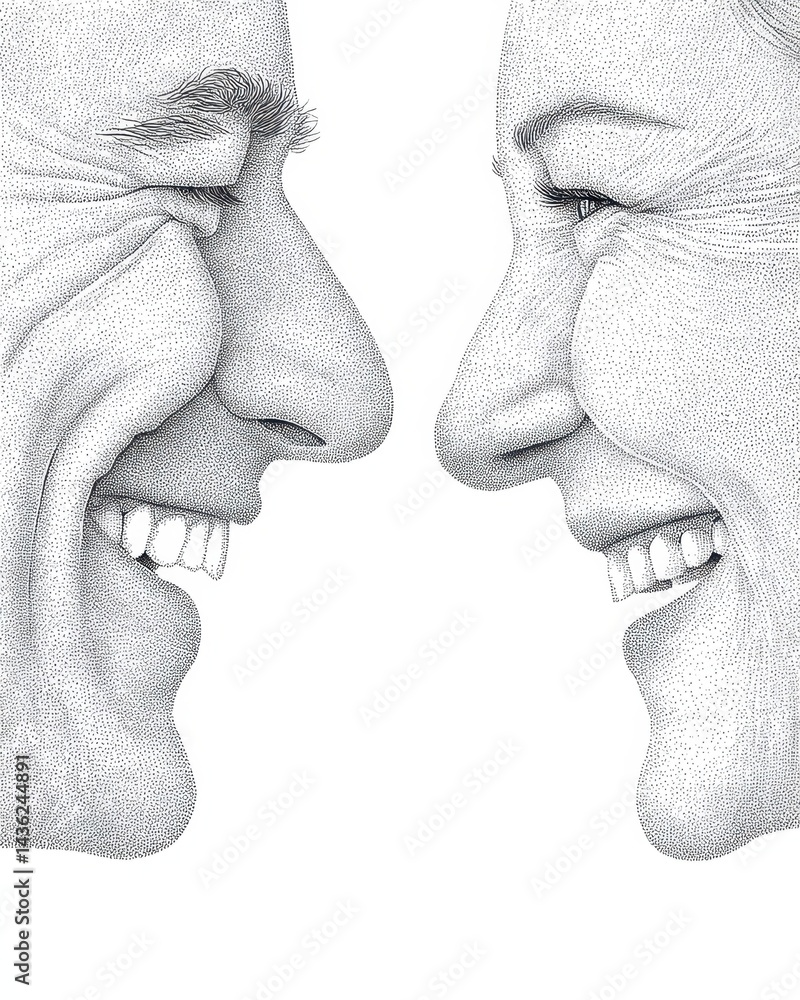 Aufkleber emotional connection and empathy highlighted in double exposure art of two smiling faces in line art