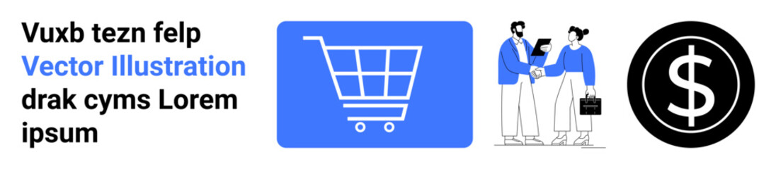 Businesspeople discussing strategy with documents, shopping cart icon, and dollar sign emblem. Ideal for teamwork, online shopping, business growth, finance, trade concepts, partnerships simple