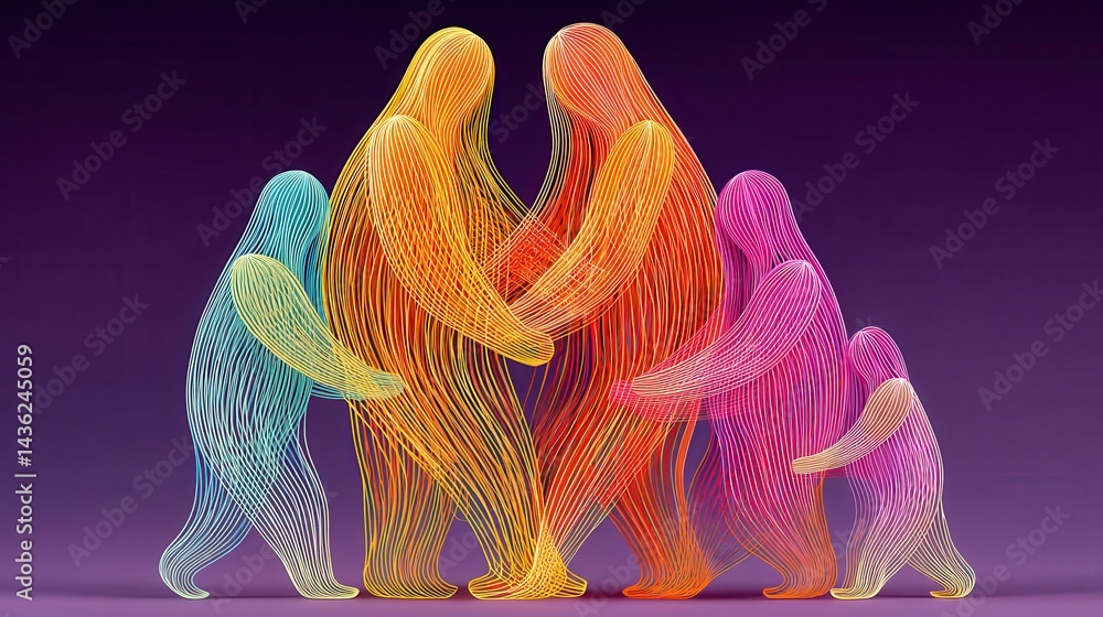 Poster abstract art representation of empathy and shared human connection through colorful line formations