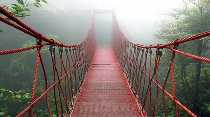 Fototapeta premium Red suspension bridge shrouded in mist, jungle setting