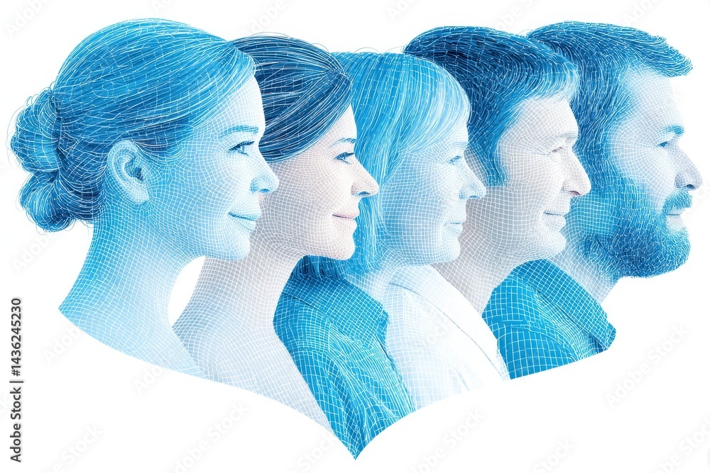 Poster digital art representation of four diverse faces in a heart-shaped line emphasizing empathy and conn