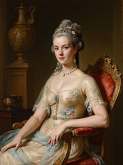 Renaissance painting portrait of a Graceful Lady in Ivory and Floral Embellished Dress, Elegant Vintage Portrait