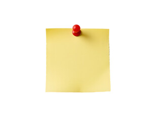 Yellow sticky post it note with red pushpin isolated on transparent background