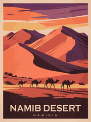 Namib Desert, Namibia travel destination poster in retro style. Colorful landscape vector illustration
