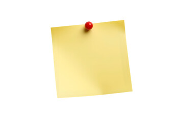 Yellow sticky post it note with red pushpin isolated on transparent background