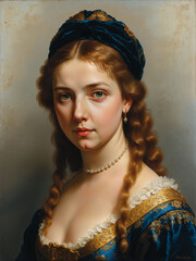 Renaissance painting portrait of a Charming Young Woman in Blue and Gold Renaissance Gown, Classical Oil Painting Style
