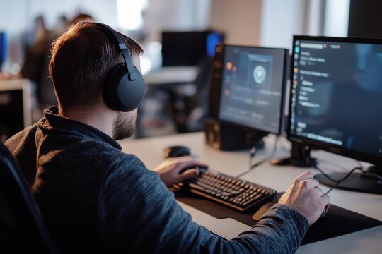 A man with a visual impairment working at his office, utilizing assistive technology to maintain independence and productivity in a supportive work environment