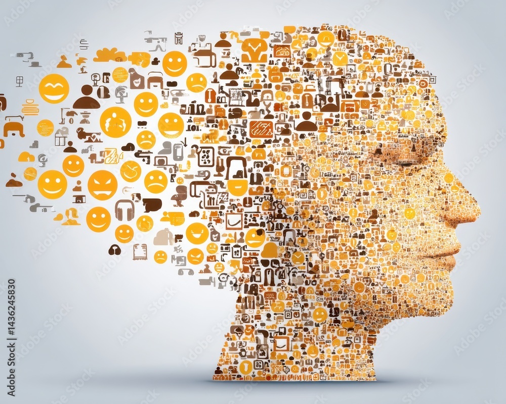 Poster conceptual representation of empathy and human connection through digital icons in a profile outline