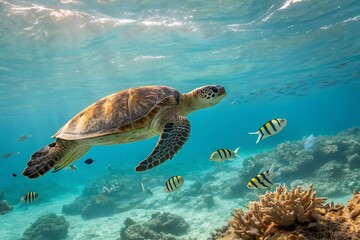 Fototapeta premium Majestic Sea Turtle Gliding Through Turquoise Waters with Vibrant Fish and Coral Seabed Underwater Photography