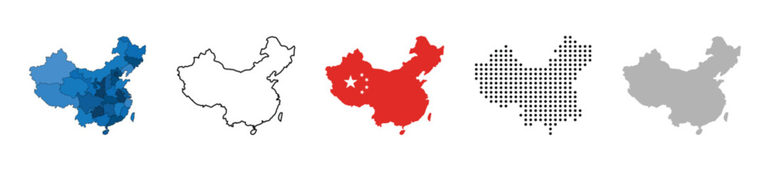 China map vector icon set. Silhouette, states, regions, outline, flag, flat, dotted styles. Vector illustration
