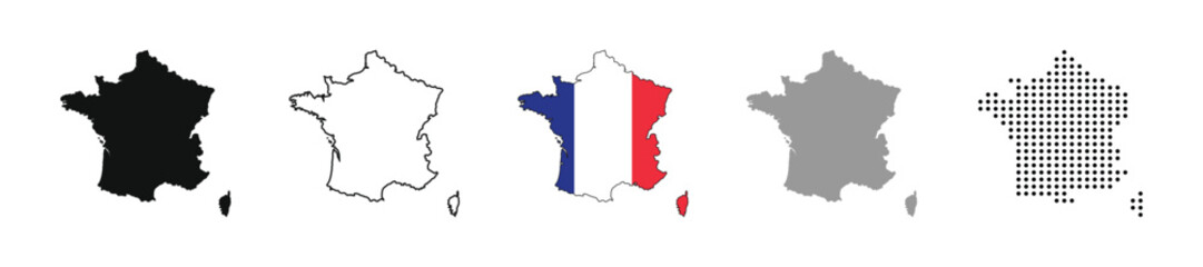 France map vector icon set. Silhouette, states, regions, outline, flag, flat, dotted styles. Vector illustration