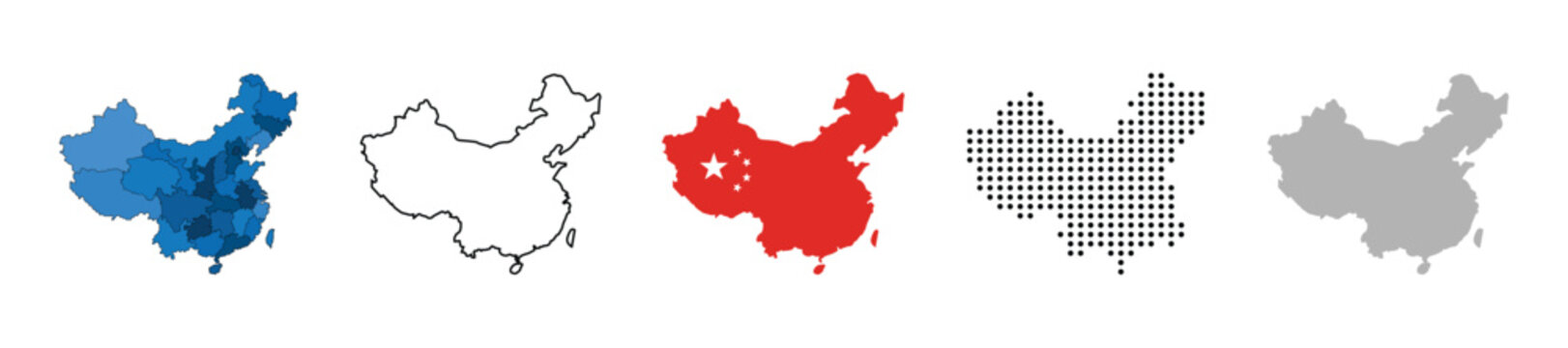China map vector icon set. Silhouette, states, regions, outline, flag, flat, dotted styles. Vector illustration