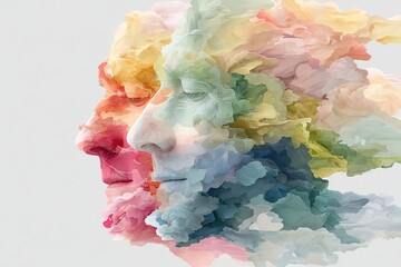 Artistic Representation of Human Emotion with Abstract Faces and Colorful Clouds in a Flat Design Style