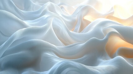 Obraz premium Soft, flowing white fabric waves illuminated by warm light, creating a serene and elegant atmosphere perfect for luxury branding or calming design projects.