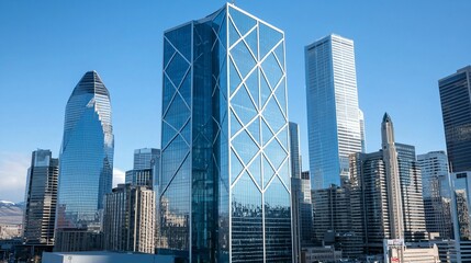 Fototapeta premium Modern central bank building with glass facade reflecting blue sky in financial district. Contemporary architecture, banking industry, economic power and financial stability concepts.