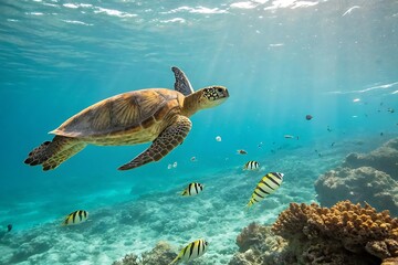 Obraz premium Majestic Sea Turtle Gliding Through Turquoise Waters with Vibrant Fish and Coral Seabed Underwater Photography