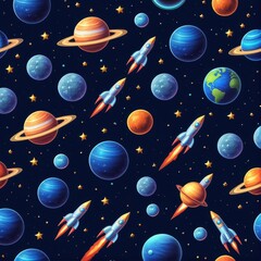 Holographic stickers featuring planets, UFOs, and rockets, metallic iridescent effects, starry dust, deep blue backdrop, sci-fi details.