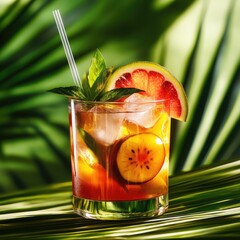Fresh summer cocktail with carambola and straw on green table ,Homemade refreshing drink with soda and orange juice 