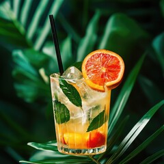 Fresh summer cocktail with carambola and straw on green table ,Homemade refreshing drink with soda and orange juice 