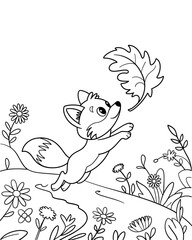 Fototapeta premium Cute Cartoon Fox Jumping Playfully in Autumn Leaf Forest - Black and White Line Drawing for Children's Book Illustration