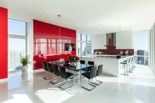 A stylish open-plan dining and kitchen area featuring a striking red lacquered wall as the focal point in a modern design