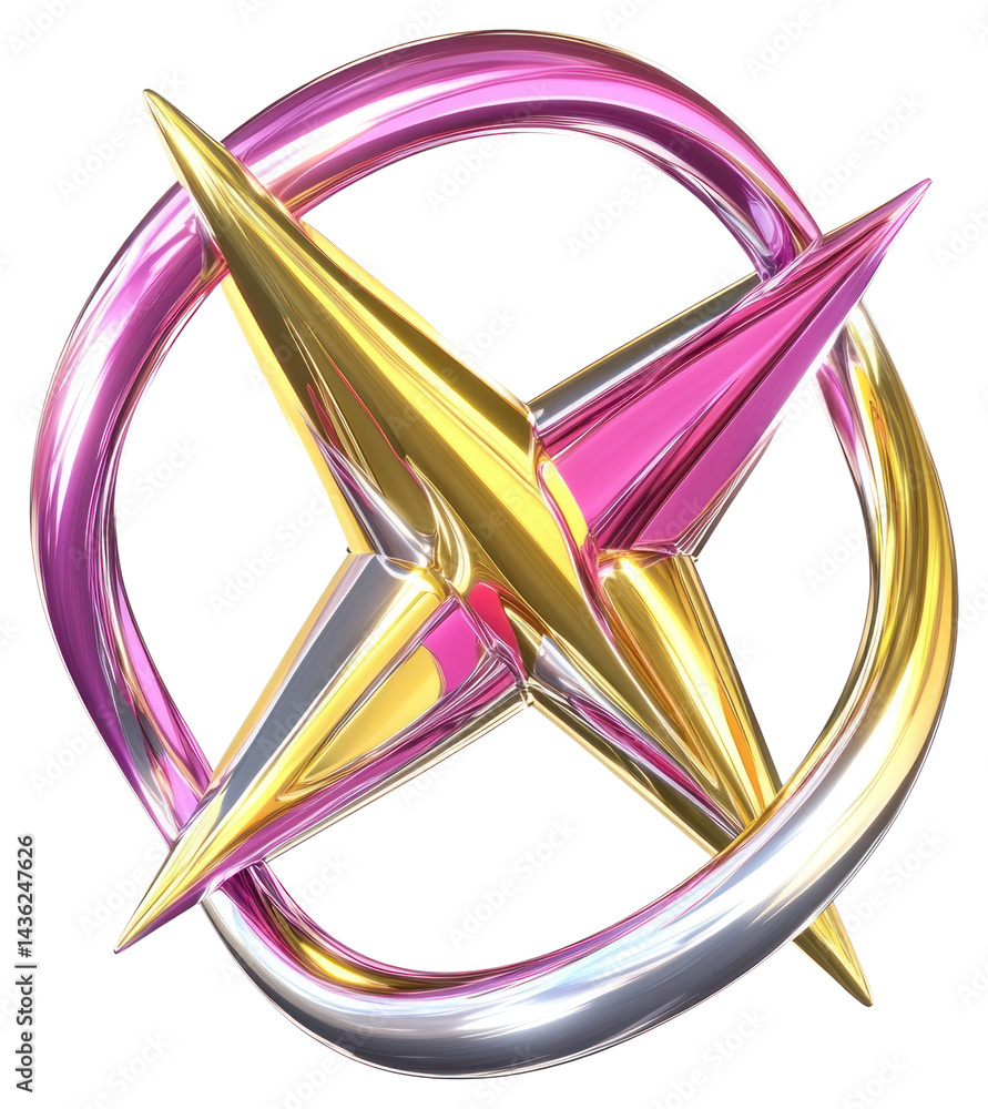 Poster png two overlapping four-pointed starbursts of different sizes within a chrome circular halo illustr