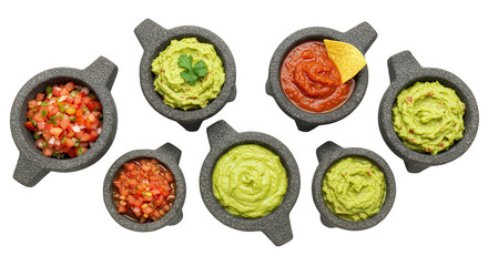 Salsa  guac spread Seven bowls of dips  toppings arranged against a black backdrop