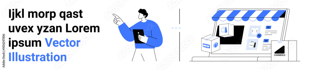 Poster man holding a tablet while explaining features of an online shop. e-commerce setup, product delivery