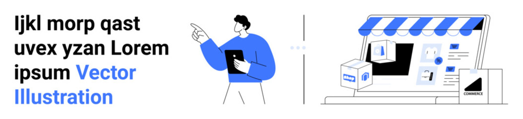 Man holding a tablet while explaining features of an online shop. E-commerce setup, product delivery, technology, digital marketing, branding, online sales, simple landing page