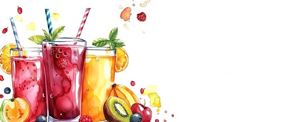 Set of cocktails with fruit, berries and ice ,Refreshing Summer Cocktails on White Background ,Colorful summer cocktails set with fruits and ice