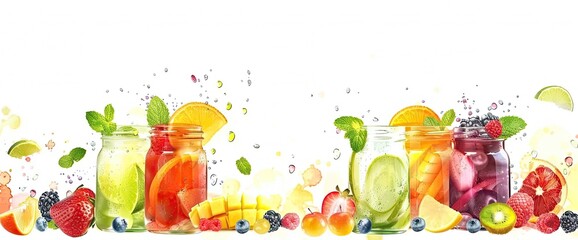 Set of cocktails with fruit, berries and ice ,Refreshing Summer Cocktails on White Background ,Colorful summer cocktails set with fruits and ice