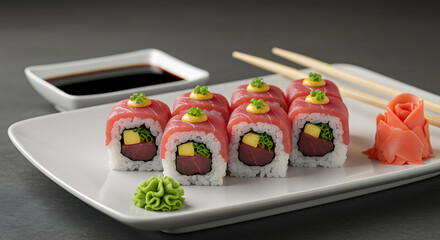 Sushi Roll Set Served with Ginger and Wasabi on Plate