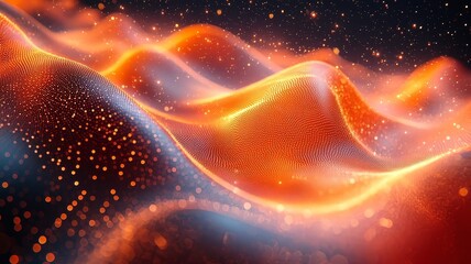 Vibrant abstract waves of orange and gold, illuminated by sparkling particles, creating a dynamic and captivating visual for technology and design themes.