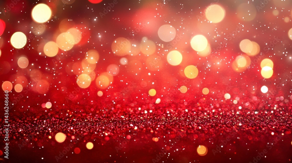 Poster red glitter bokeh background with sparkling lights and texture.