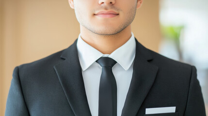 young man in formal black suit with white shirt and black tie, exuding professionalism and confidence in modern office setting. His expression is calm and composed