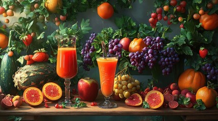 colorful fruit assortment for juice making,  ,freshly squeezed juice mix of various fruits in a glass 