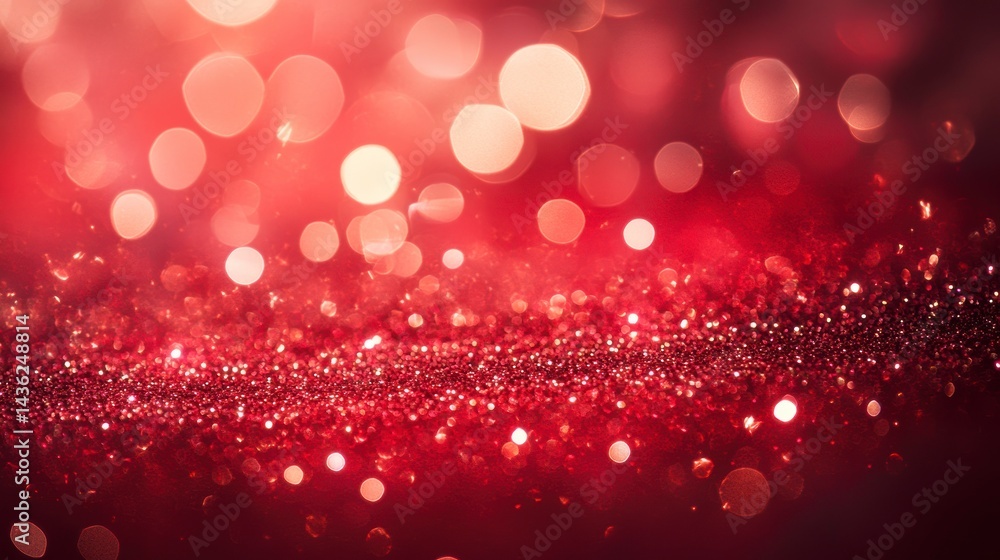 Poster red glitter bokeh background with sparkling lights and texture.