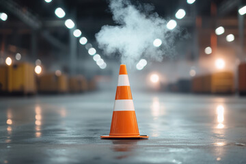 bright orange traffic cone stands prominently wet asphalt surface, with steam rising around it, creating dramatic industrial atmosphere. background features blurred lights and spacious environment