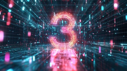 Fototapeta premium Digital Number Three in a Futuristic, Data-Rich Environment