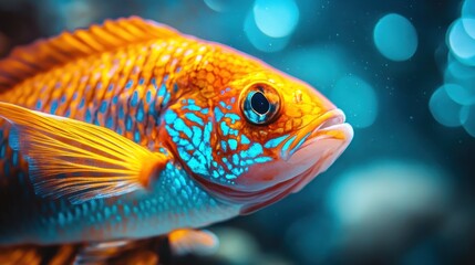 Plakat Vibrant orange and turquoise fish in aquarium. Close-up view of a colorful fish with intricate patterns