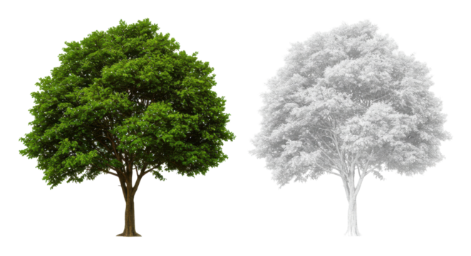 Verdant duality a lush tree beside its ghostly echo against a stark abyss