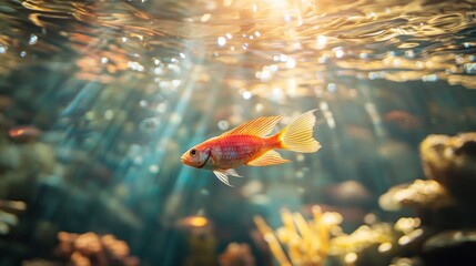 Obraz premium Vibrant fish in an aquarium, sunlight beams through water