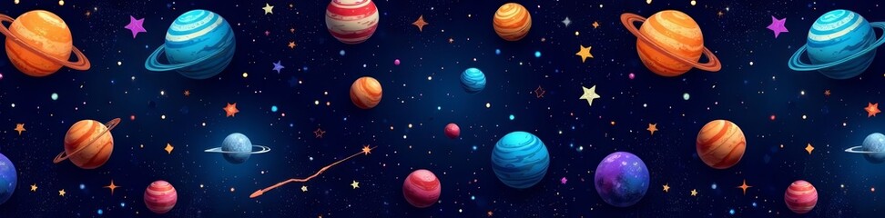 Seamless pattern featuring various space elements like stars, planets, and comets, vector, astronomical, universe