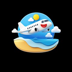 Adorable 3D Cartoon Airplane Taking Off Towards a Tropical Beach Paradise