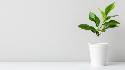 A small green plant growing in a white pot on a minimalist white surface against a light grey background, and simple and elegant indoor decoration concept.