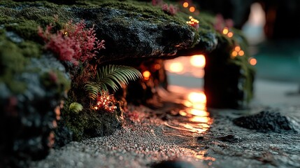 Cave entrance, moss, plants